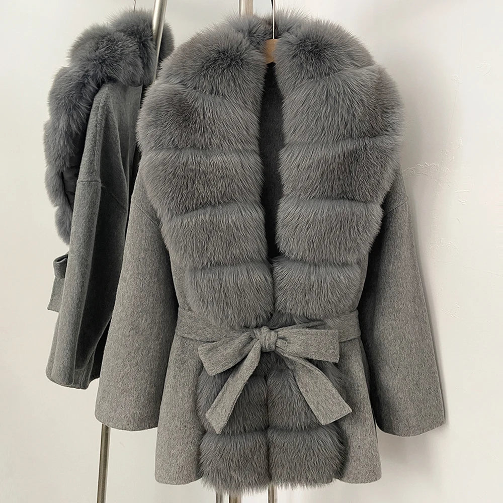 Woolen Blended Winter Coat’s/Female New Fox Fur Coat/Autumn Woolen Coat/Real Fur Collar/Women Warm Clothing.