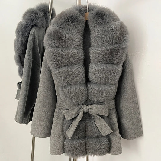 Woolen Blended Winter Coat’s/Female New Fox Fur Coat/Autumn Woolen Coat/Real Fur Collar/Women Warm Clothing.