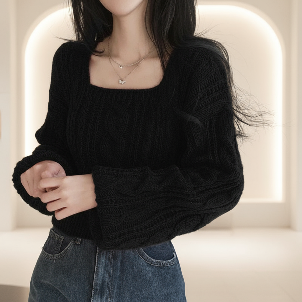 Classy Pullover Square Neck Sweater/Autumn and Winter Loose Casual/Simple Jumper Solid Color Long Sleeved Knitted Sweater.