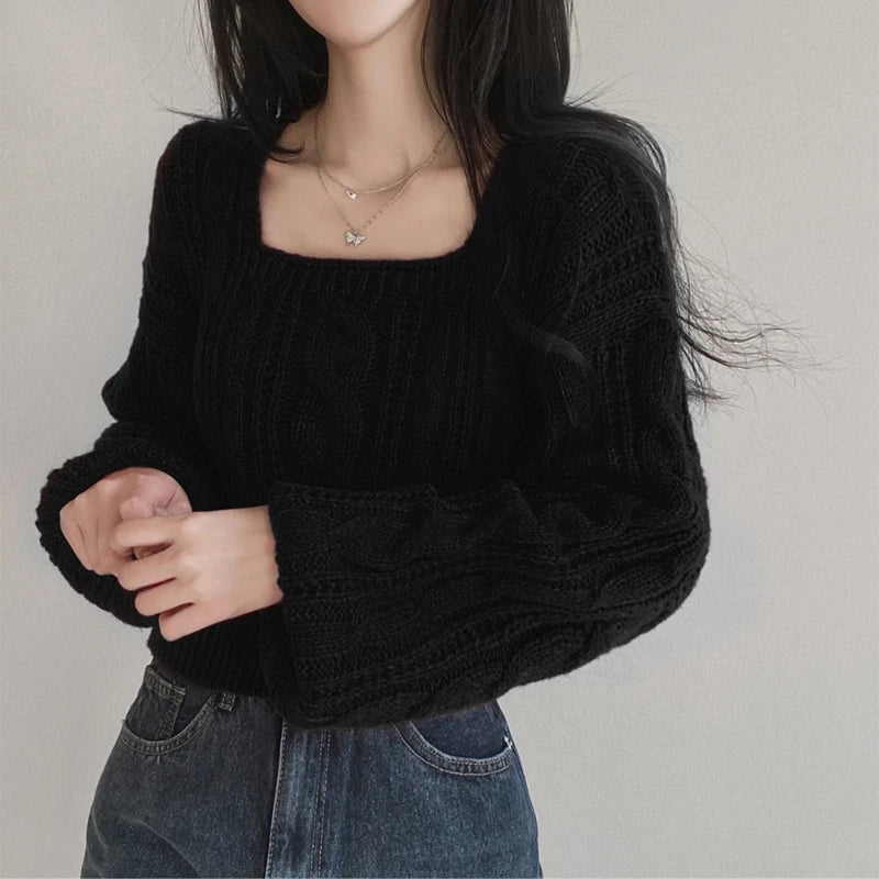 Classy Pullover Square Neck Sweater/Autumn and Winter Loose Casual/Simple Jumper Solid Color Long Sleeved Knitted Sweater.