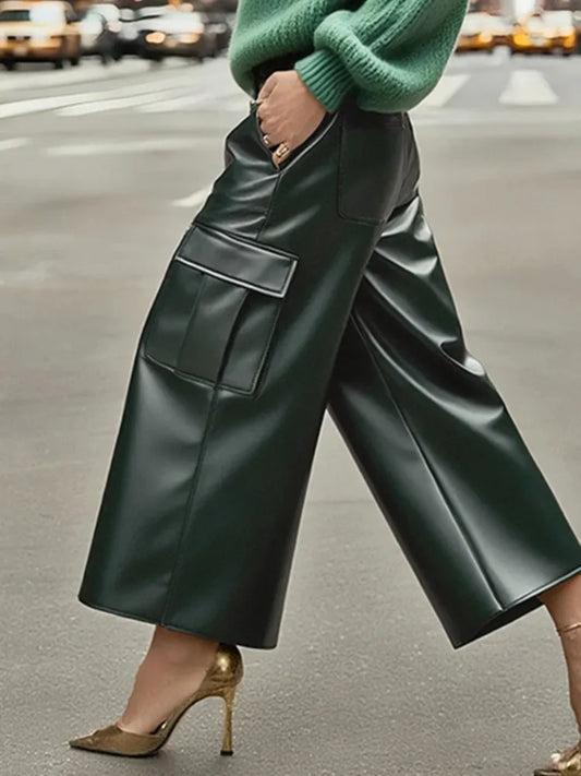 Luxury Forest Green PU Leather Wide-Leg Cargo Pants – High-Waist Cropped Vegan Leather Trousers for Women