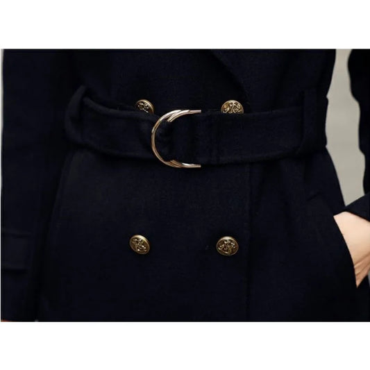 Women’s Double-Breasted Belted Long Wool-Blend Coat | Tailored Winter Overcoat with Gold Buttons & Notched Lapel | Sizes S–3XL