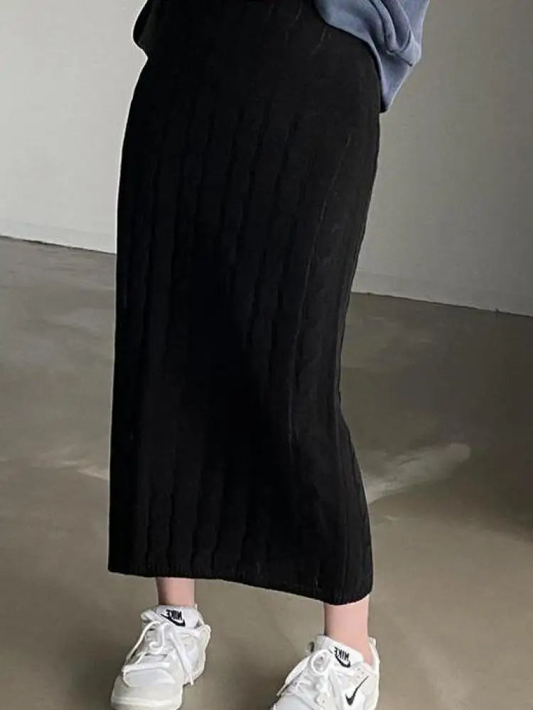 Solid Cotton Cable Crochet Skirts/Slim Fitted Fashion/Long Skirt Vintage/Elastic High Waisted Straight Skirt.