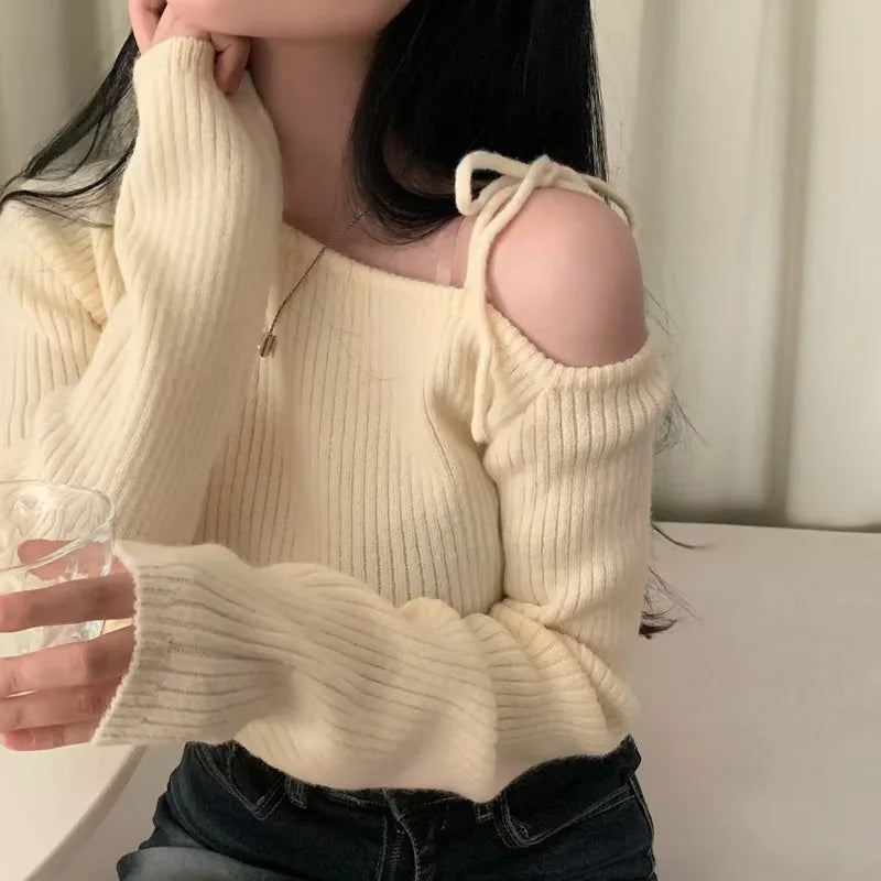 Solid Off Shoulder Pullover Women Sweater/Fashion Autumn Long Sleeved Knit Top/Lace-up Solid Casual Wear/One Size Stretched Fit.