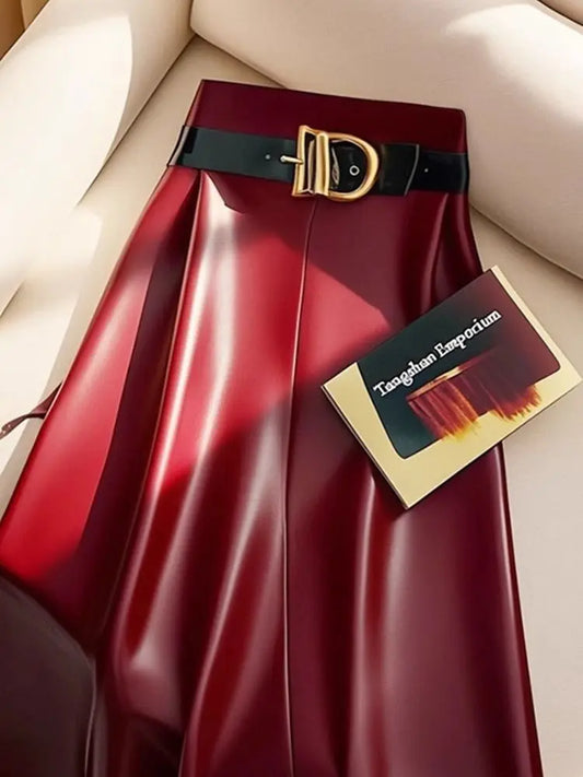 Burgundy Faux Leather A-Line Midi Skirt with Belt – Elegant High-Waist Vegan Leather Skirt