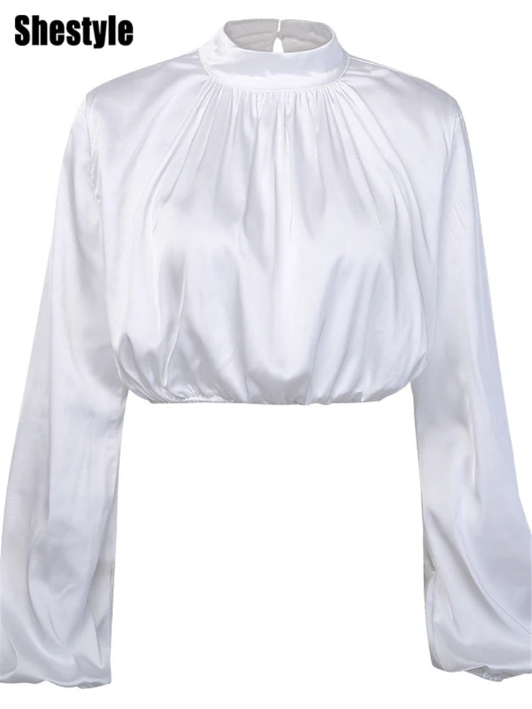 Shestyle White Satin Lantern Sleeve/Solid Shine Loose Sexy Short Crop Tops Women High Waist Work Shirt.