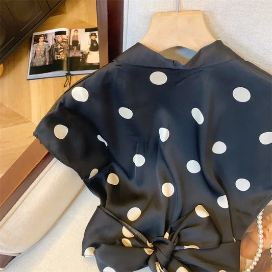 Elegant Polka Dot Tie Front Blouse – Women’s Retro V-Neck Waist Tie Top | French Chic Lightweight Luxury Blouse | Modern Blend Boutique
