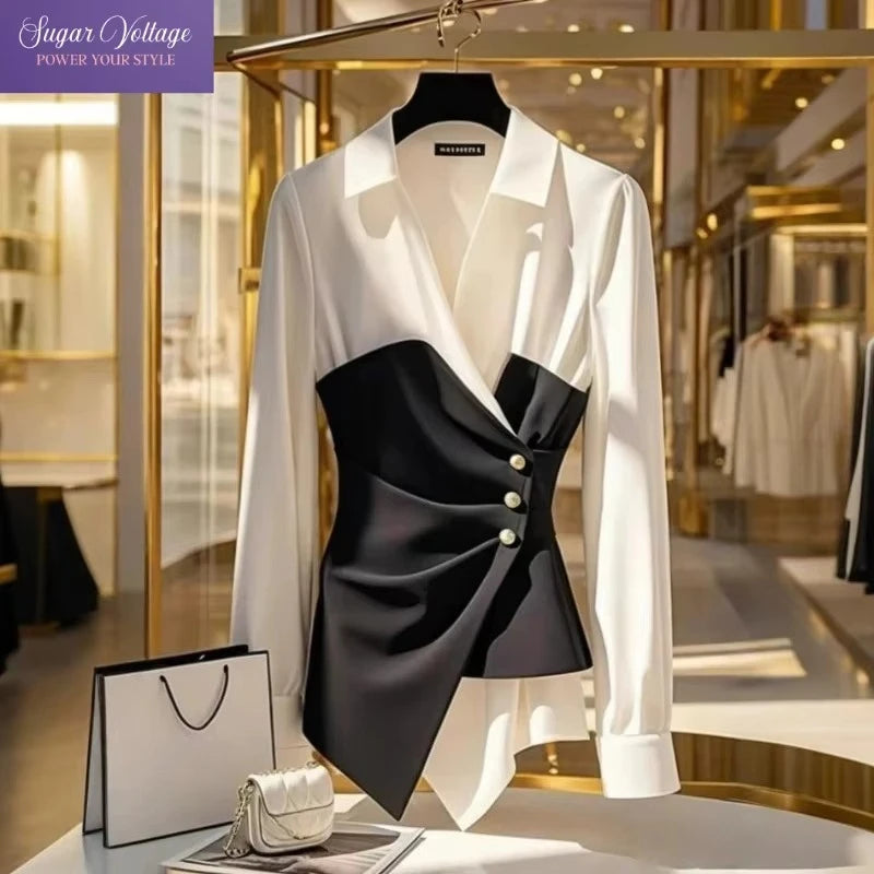 Black & White Color Block Wrap Blouse for Women | Luxury Asymmetrical Button Top