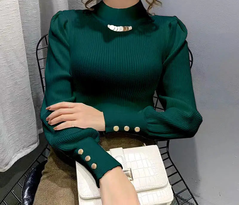 Elegant Solid Colored Button Sleeve Sweater’s/Women's Clothing/Autumn Winter Loose All-match Pullover’s.