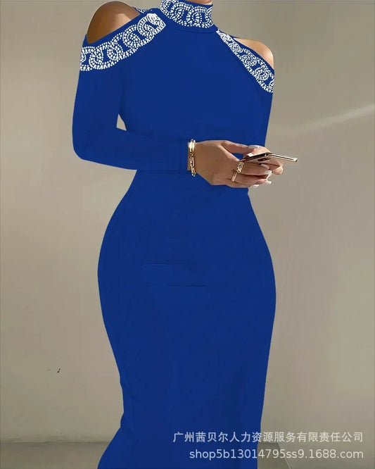 Appealing hot Lace Splicing Long-sleeved Slim Long Dress High Waist.