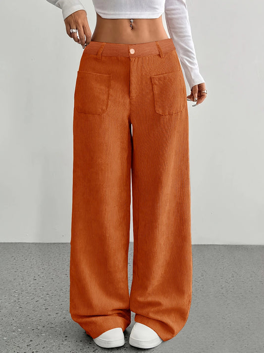 High Waist Corduroy Wide Leg Pant’s/Casual Long Trousers with Pockets/Ladies Fashionable Relaxed Fit Bottom’s.