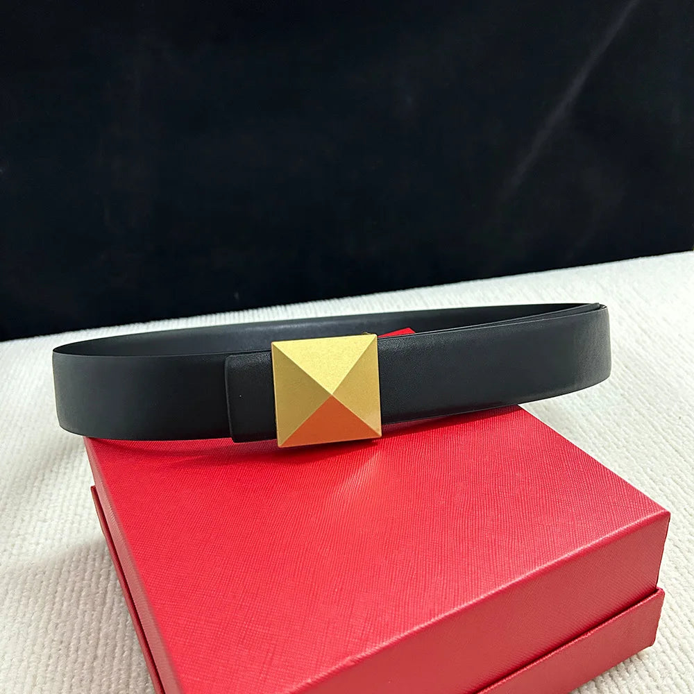 Luxury Brown Leather Belt with Gold Geometric Buckle | Women’s Statement Waist Belt