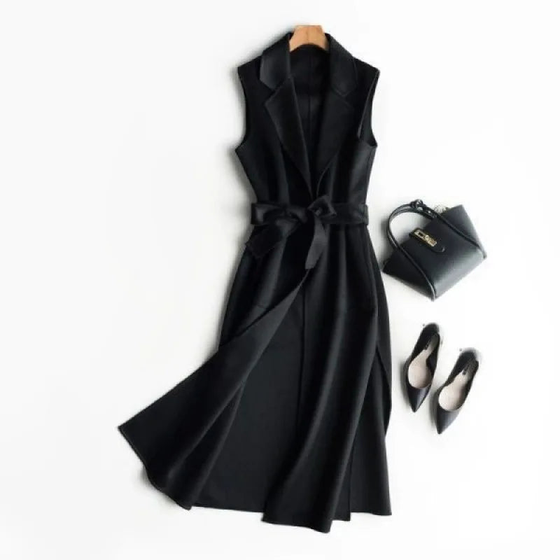 Waist Coat Notch Autumn Winter Jacket/Mid Long Sleeveless/Polo Collar Cotton Vest With Belt/Waist Elegant Casual Coat.