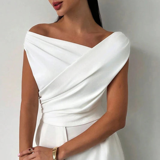 Fashion Simple Office Tops Female Slash Neck Sleeveless T-shirts For Women Elegant Summer Women Shirt White Black