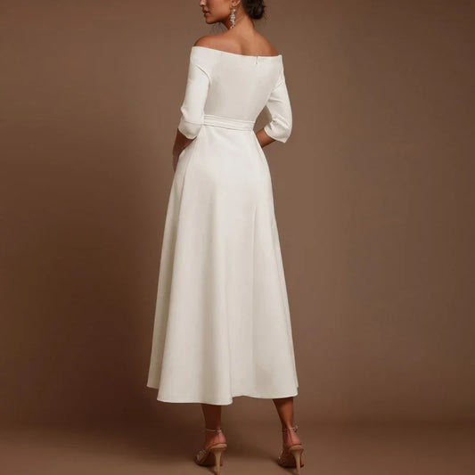 Elegant Party Dresses For Women One Shoulder Half Sleeve High Waisted A-Line Long Dress Women Offfice Dress White