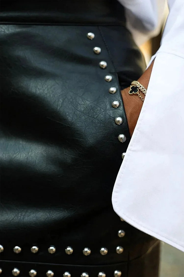 Split Studded  Faux Leather Pencil Skirt/Glamorous High Waisted Black with Studded Detailing/Side Slit  Edgy Chic Fashion Skirt’s.