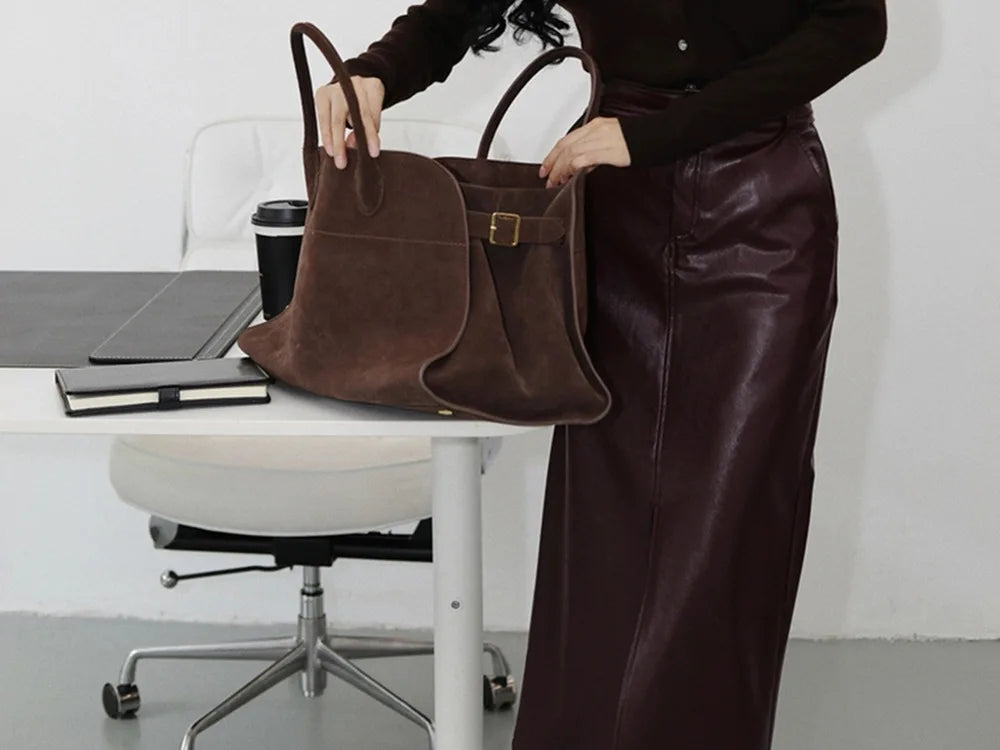 Genuine Sheepskin Leather Front-Slit Midi Skirt