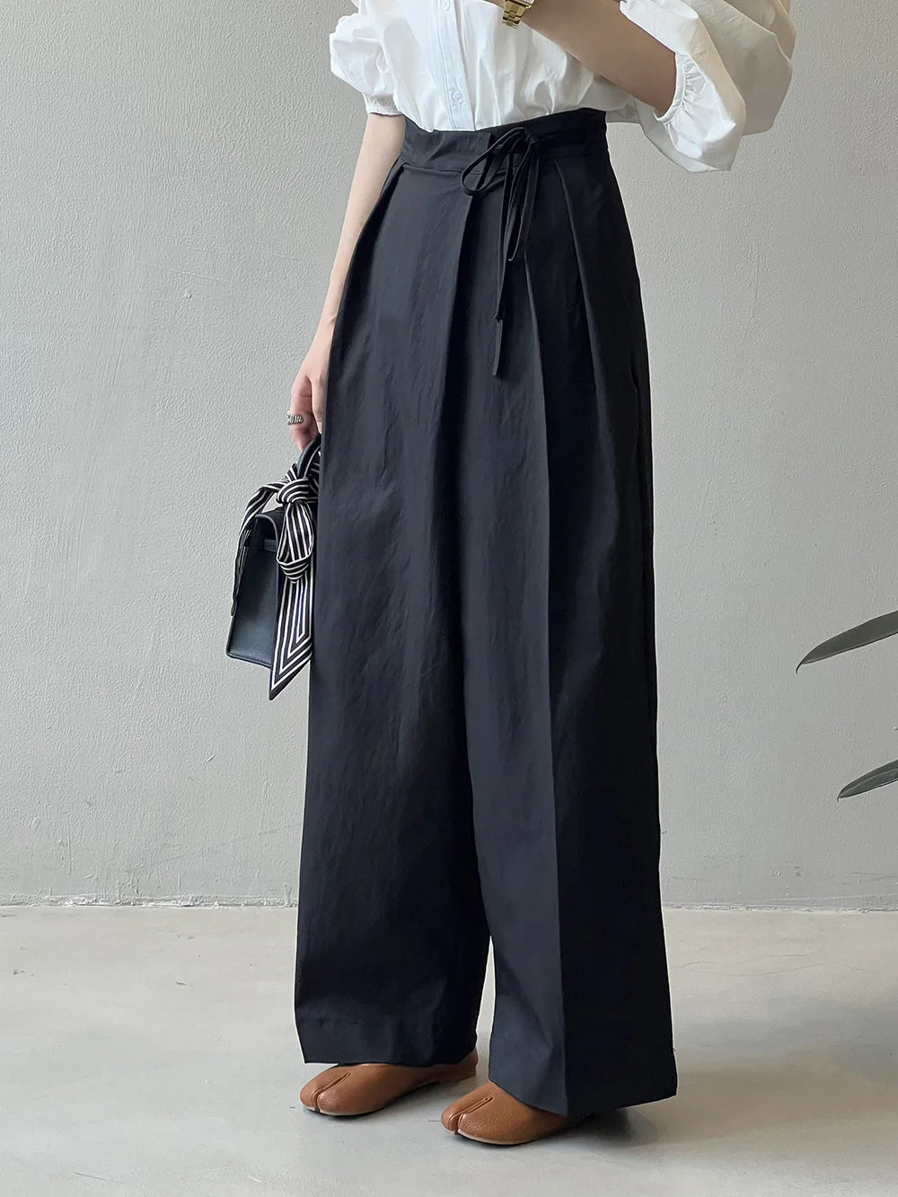 Fashion Tie Up Knotted Asymmetric Strapped Pant’s/ Lace-up Wide Leg Chic Style/High Waisted Solid Loose Ladies Straight Trouser’s.