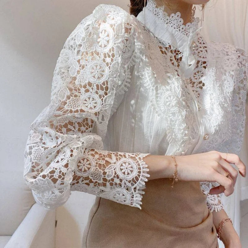 Hollow Out Long Sleeved Lace Blouse/Solid Tatting Craft Designed/Broad Clothed Single Breasted Blouse