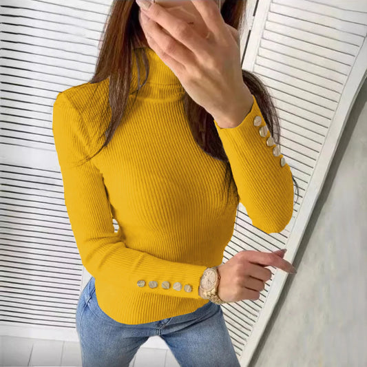 Stylish Sleeved End Buttoned Sweater/Woman High Neck Pullover/Solid Full Length Knitted Sweater.
