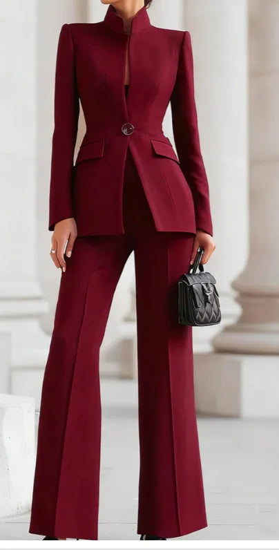 Two-Piece Women’s Tailored Pant Set – Elegant Solid Matching Blazer & Pants