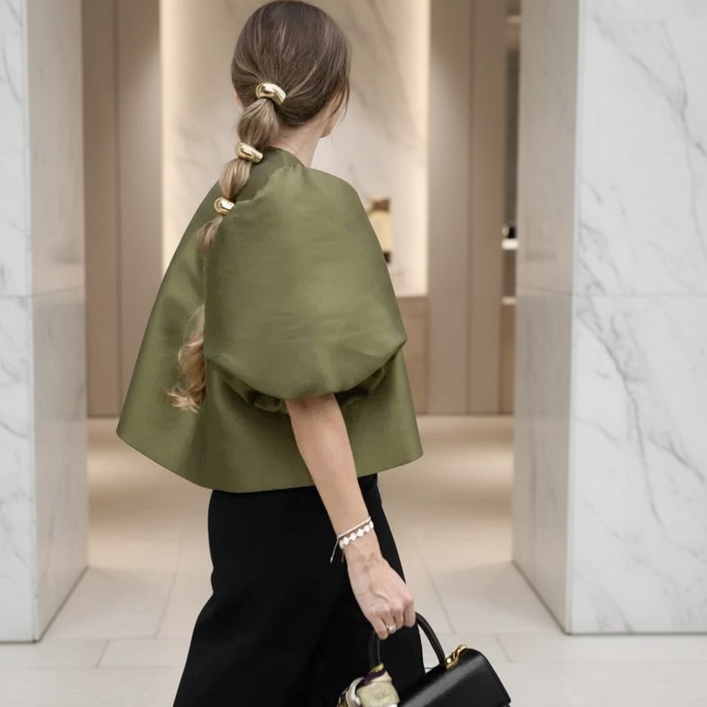 Solid Puffed Up Satin Blouse/Stylish Balloon Sleeved O~Neck Design/Single Breasted Loose Fitted Blouse.