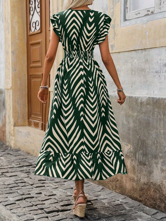 2026 New Summer Women Elegant Printed Short Sleeve Dress Tie Waist Long Hem Casual Fashion Midi Dress