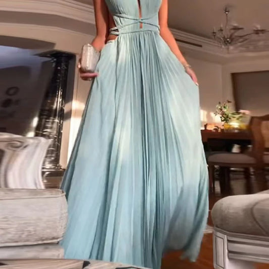 Elegant Pleated Maxi Dress – Available in Black, Peach, and Light Blue