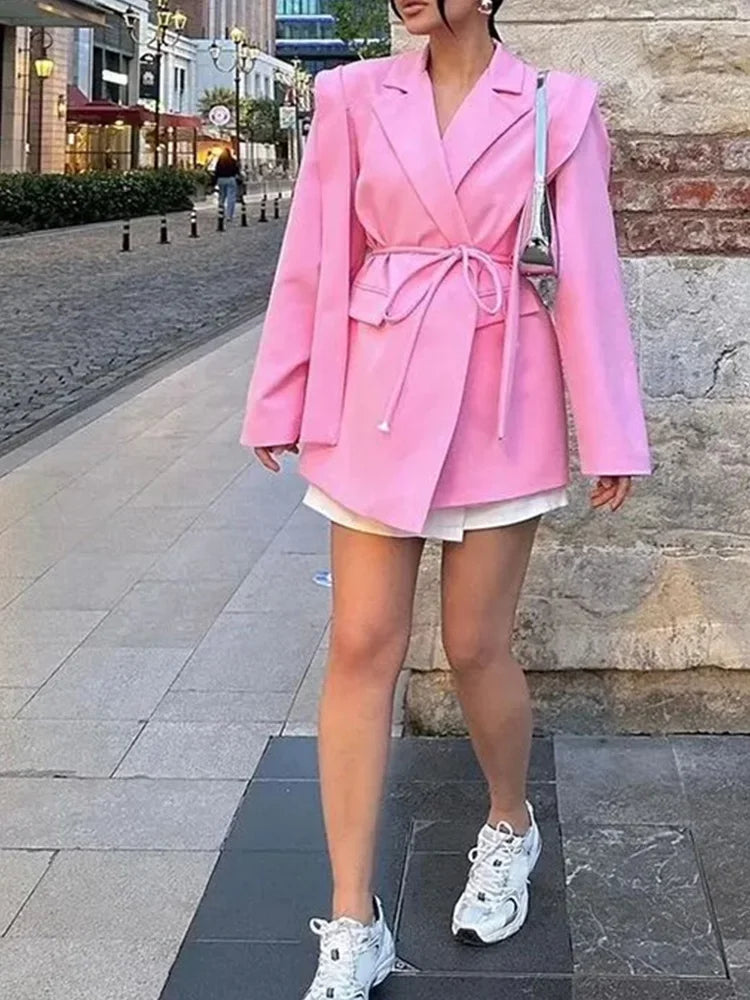 DFCF Women Elegant Loose Waist Cinching Belt Jackets Female Tailored Vintage Striped Lapel Suit Jacket