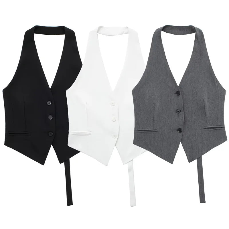 Off Shoulders Women's Halter Vest/Black/White/Grey Vest/Outerwears/Single Breasted/Off Shoulder Sleeveless Vests/turned down collar.