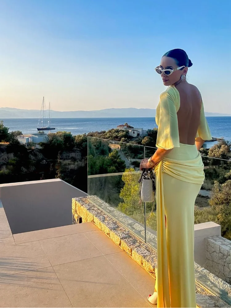 Hollow Out Solid Split Hem Maxi Dress/Fashion Long Sleeve Backless Dress/New Lady Daily High Street Robes.