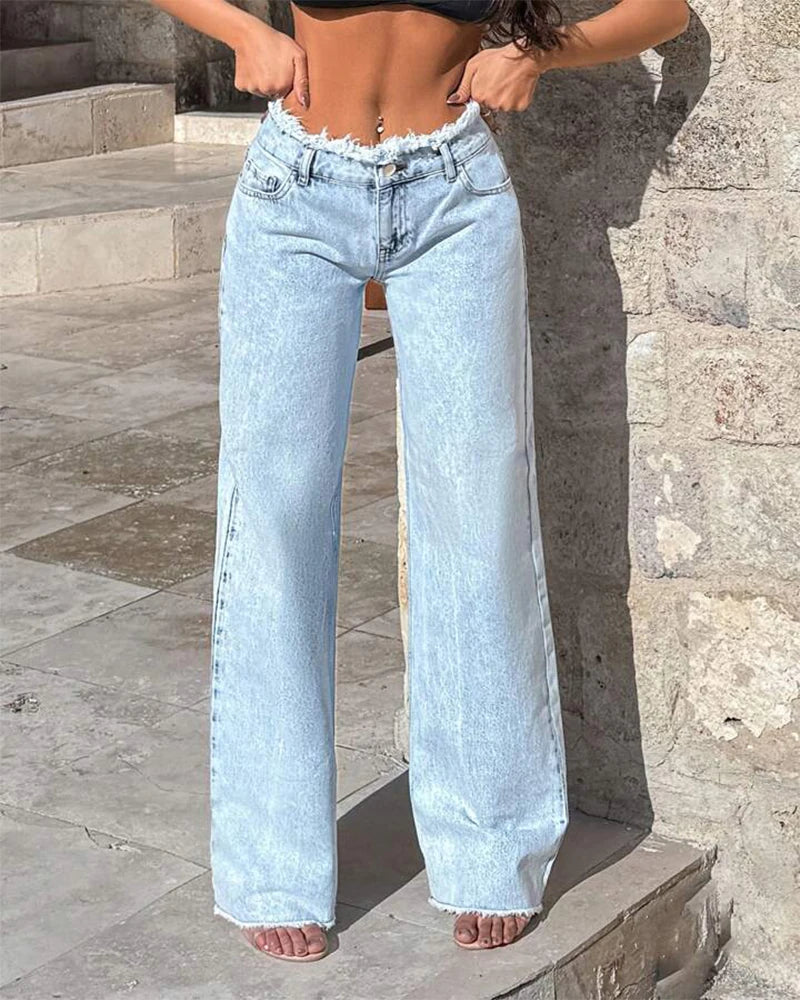 Anatomic Raw Hem Denim Jean’s/High Waisted Wide Leg Jean’s/Slimming Floor-Length Casual Trousers Loose Fit Trendy.