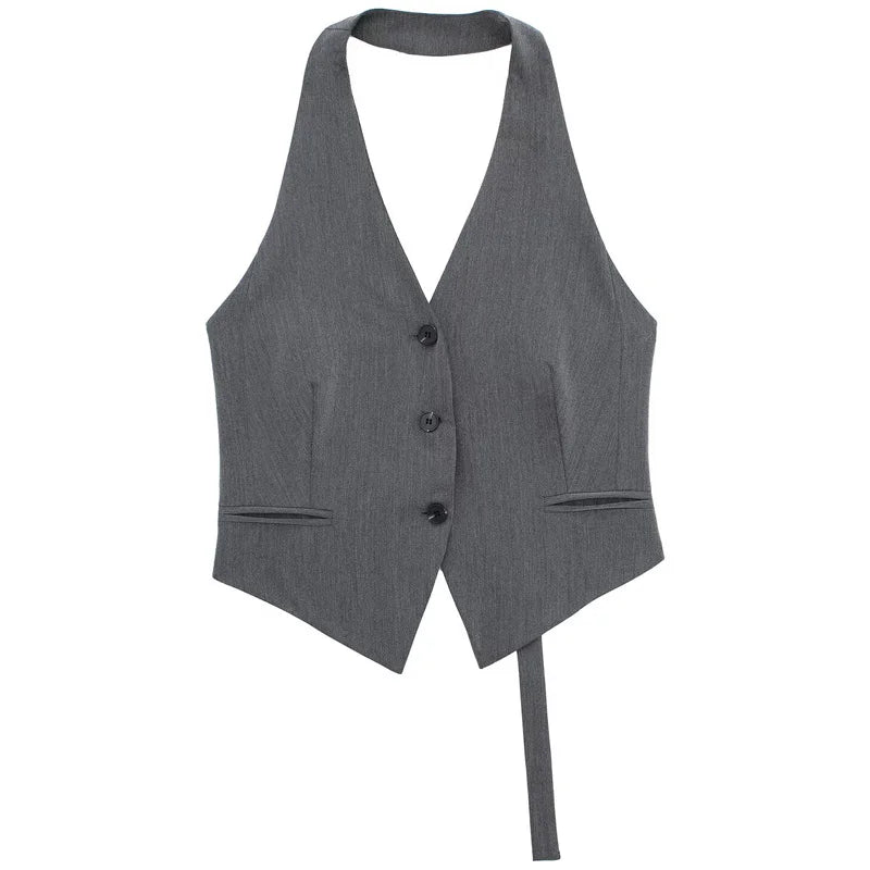 Off Shoulders Women's Halter Vest/Black/White/Grey Vest/Outerwears/Single Breasted/Off Shoulder Sleeveless Vests/turned down collar.