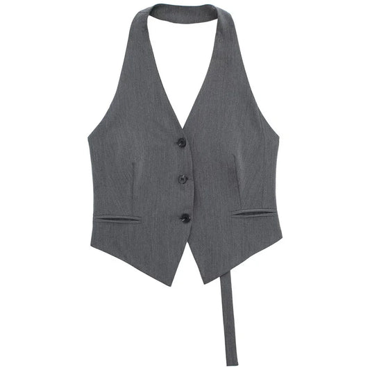 Off Shoulders Women's Halter Vest/Black/White/Grey Vest/Outerwears/Single Breasted/Off Shoulder Sleeveless Vests/turned down collar.