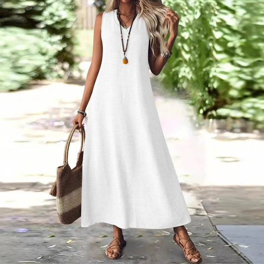 Trendy Solid V-Neck Loose Dress/Sleeveless V Neck Pullover Dresses/Holiday Beach Skirt Robe.