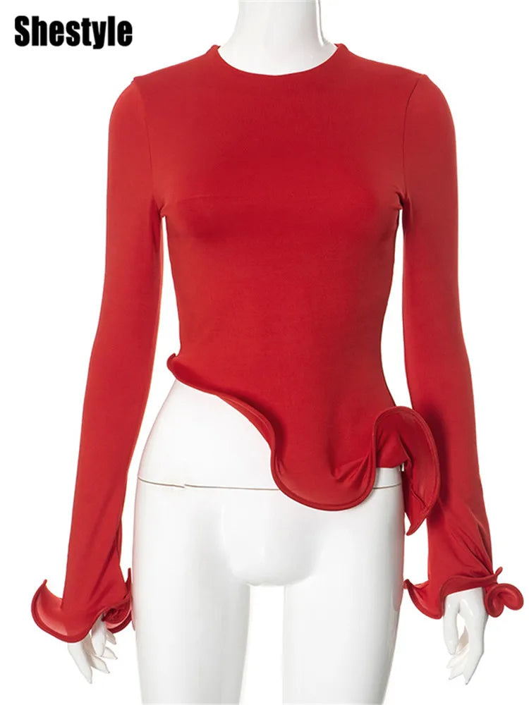 Blossom Curled Asymmetrical Ruffled Red Blouse/Iron Shaped Crew Neck/Glowing Flare Sleeve Cropped Top.