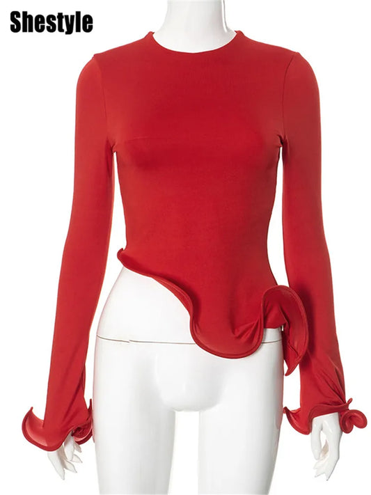 Elegant Red Asymmetrical Long Sleeve Top for Women | Modern Statement Blouse