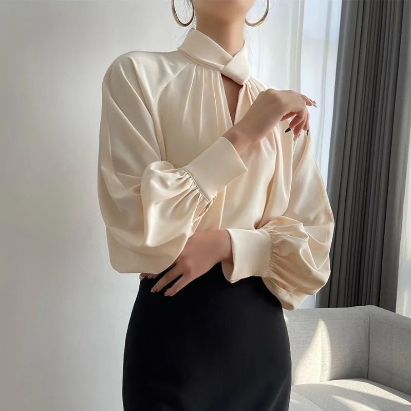 Elegant Twist-Neck Satin Blouse for Women – Long Sleeve Formal Top