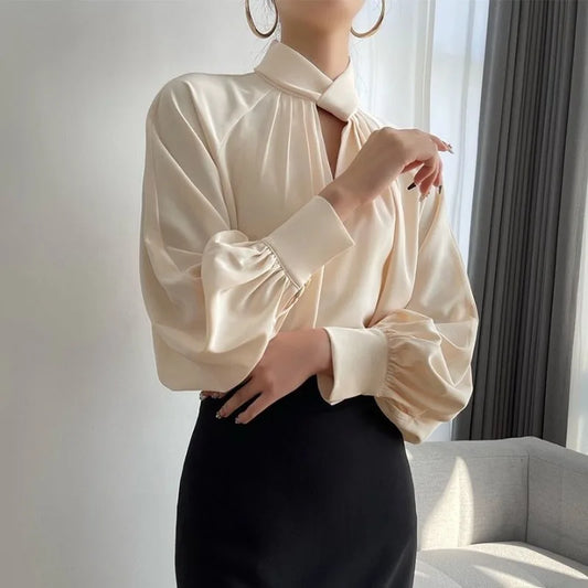 Elegant Twist-Neck Satin Blouse for Women – Long Sleeve Formal Top