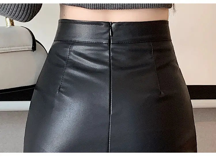 High-Waist Faux Leather Bodycon Mini Skirt – Ruched Slim Fit PU Leather Wrap Skirt for Women