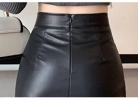 High-Waist Faux Leather Bodycon Mini Skirt – Ruched Slim Fit PU Leather Wrap Skirt for Women