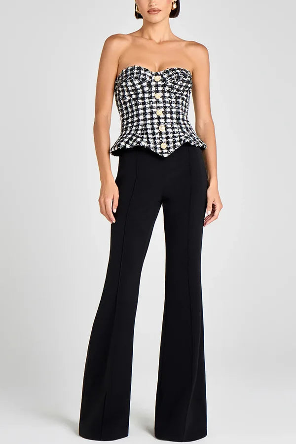 Luxury Tweed Corset Top for Women – Strapless Peplum Bustier with Gold Button Detail | Elegant Timeless Boutique Fashion