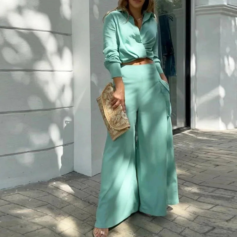 2 piece set/Unique Criss-Cross Solid/Long Sleeve Crop Shirt & High Waist Pants/Turn Down Collar/Broad Cloth Dress/Tatting Craft.