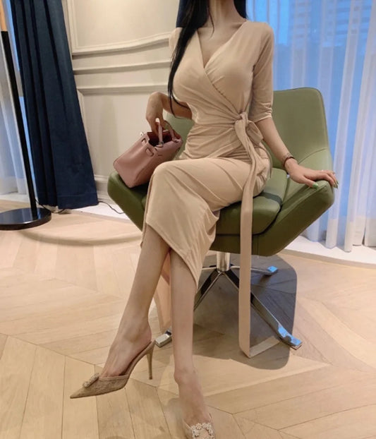 Slimming V-Neck Belted Maxi Dress.