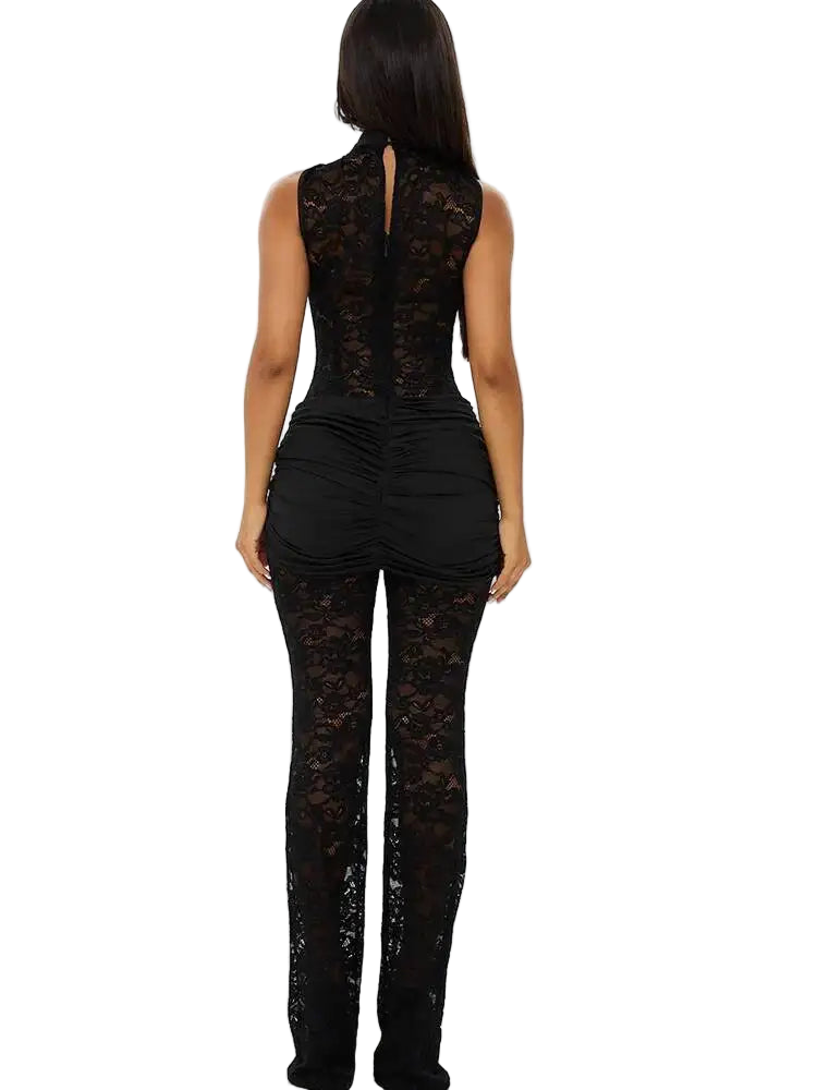 Sexy Hollow Out Lace Women Jumpsuit/Black Sleeveless Metal Button Jumpsuit/Slim Elegant Party Clubwear/Fantoye Patchwork.