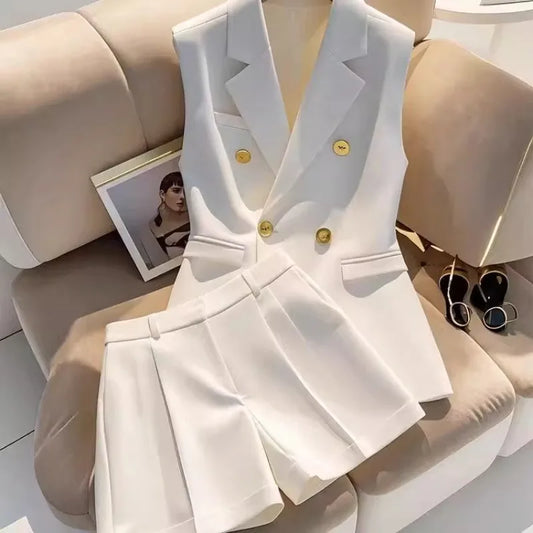 Exquisite White Sleeveless Blazer & Shorts Set with Gold Button’s/Admirable Women's Business Casual Suit.