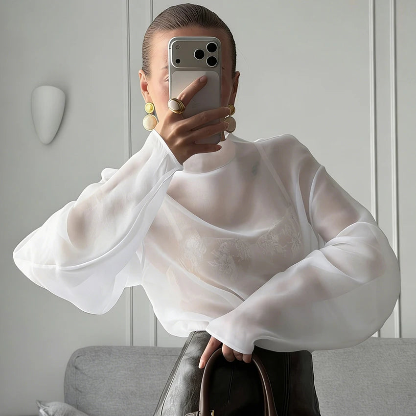 Sheer Organza Lantern Sleeve Blouse for Women – Elegant Mock Neck Long Sleeve Statement Top