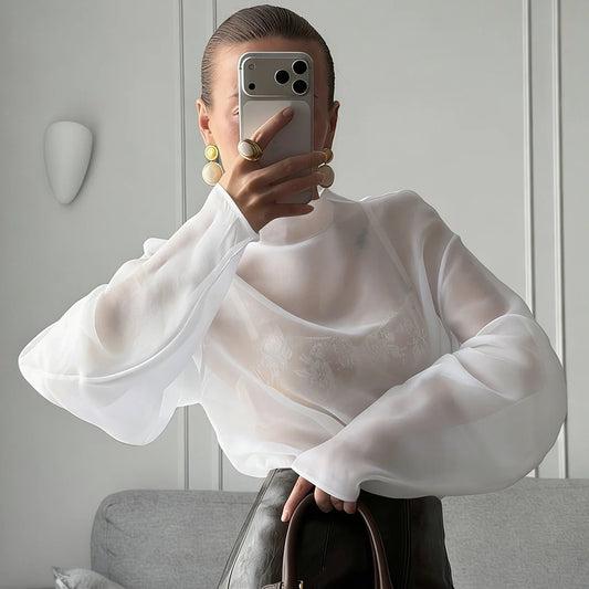 Sheer Organza Lantern Sleeve Blouse for Women – Elegant Mock Neck Long Sleeve Statement Top