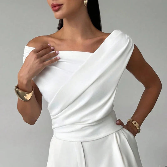 Fashion Simple Office Tops Female Slash Neck Sleeveless T-shirts For Women Elegant Summer Women Shirt White Black