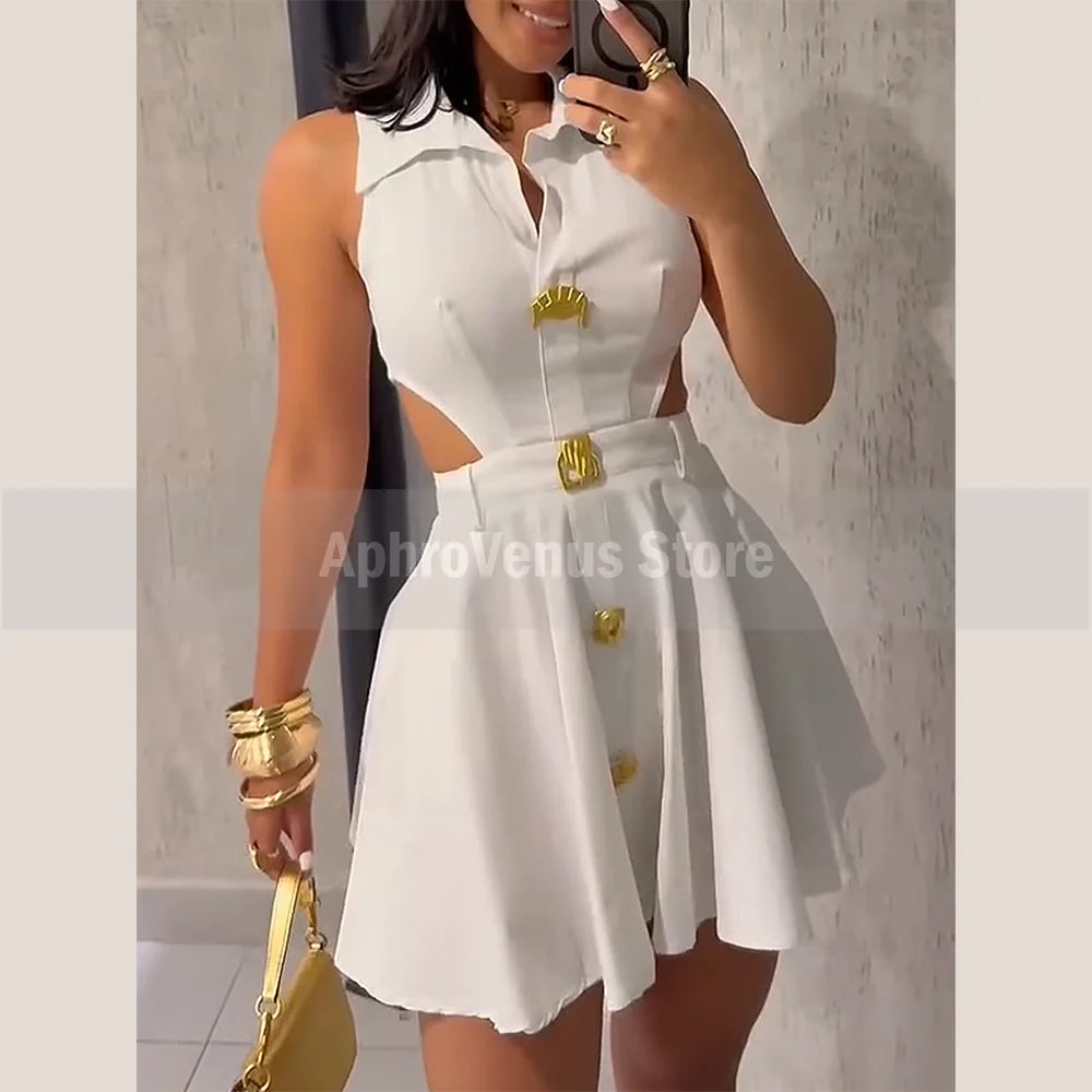 Sleeveless Cut - Out Shirt Dress with Collar Elegant Gold Buckles & Button’s/ Flared Skirt Design – Perfect for Stylish Occasions